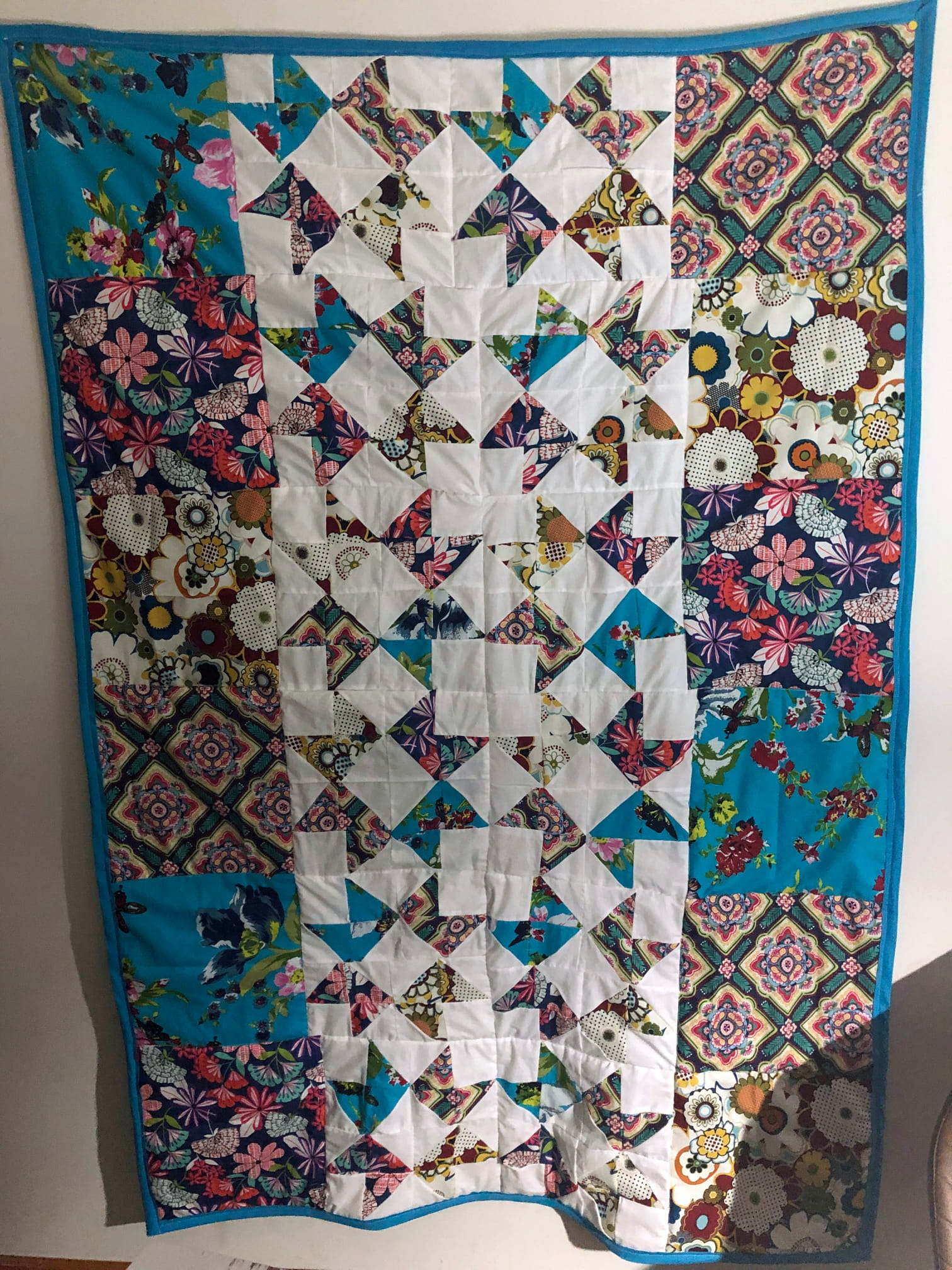 A patterned quilt featuring blue and flowers